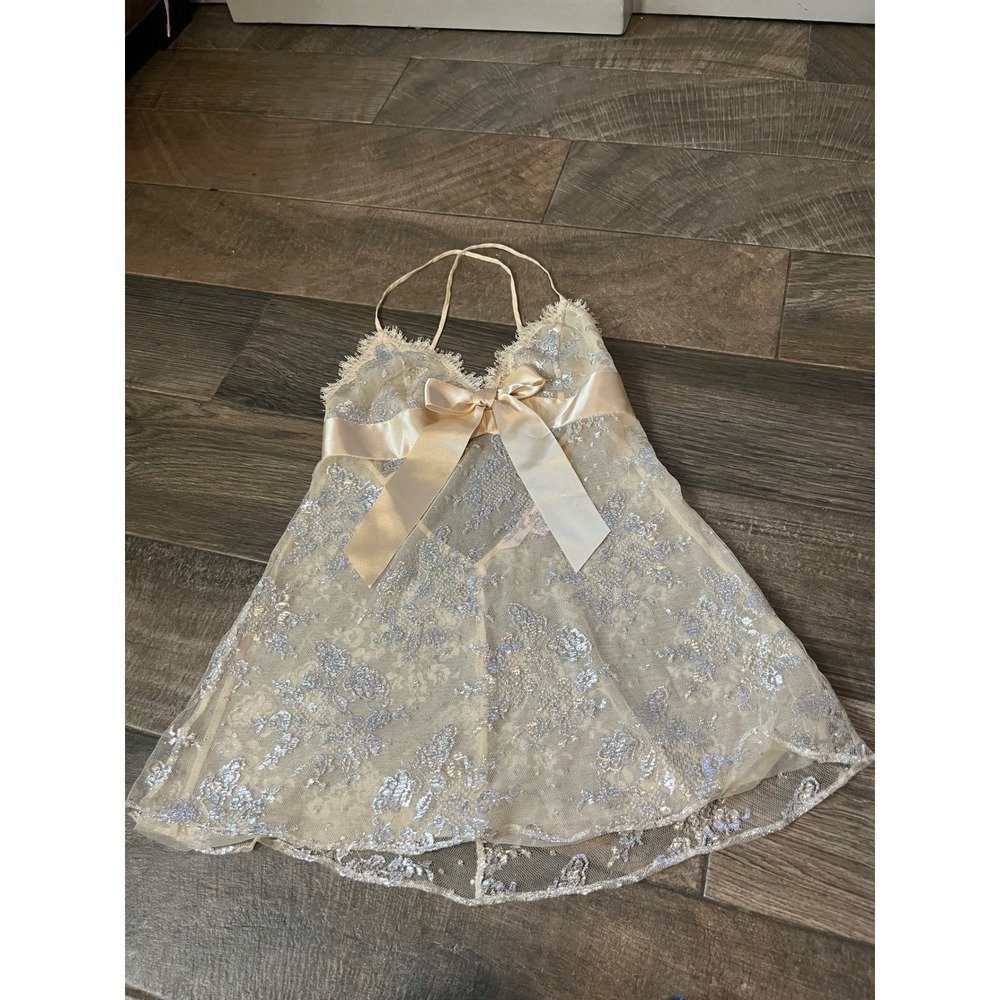 Victoria's Secret Silver Floral Mesh Babydoll Lingerie Chemise Cream Medium